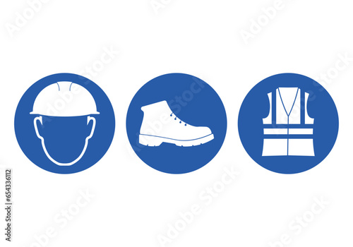 Bundle set of blue round label safety warning sign always wear protection helmet, safety shoes, and high visibility vest