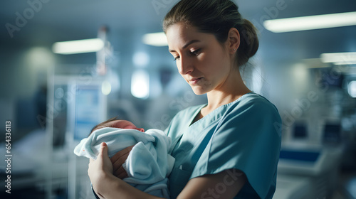 Nurse cradling a day-old infant, newborn baby, displaying genuine emotions of nurture and care. Tender healthcare moment captured in a modern hospital setting