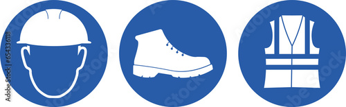 Bundle set of blue round label safety warning sign always wear protection helmet, safety shoes, and high visibility vest