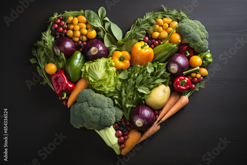 Food, vegetables, fruits and seasonings forming a heart from above. Generative AI