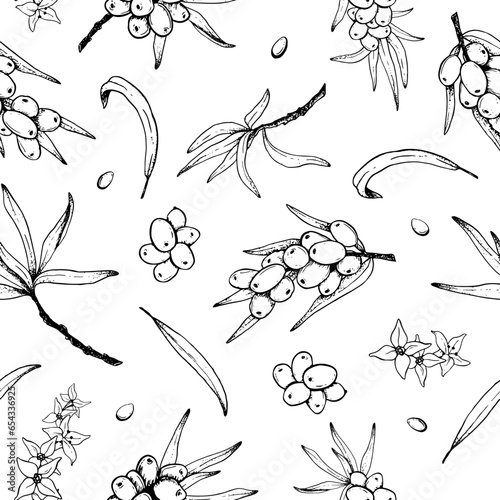 Sea buckthorn outline vector seamless pattern with sea berries, branches and leaves. Hand drawn black and white background for printing, textiles, natural cosmetics and package design