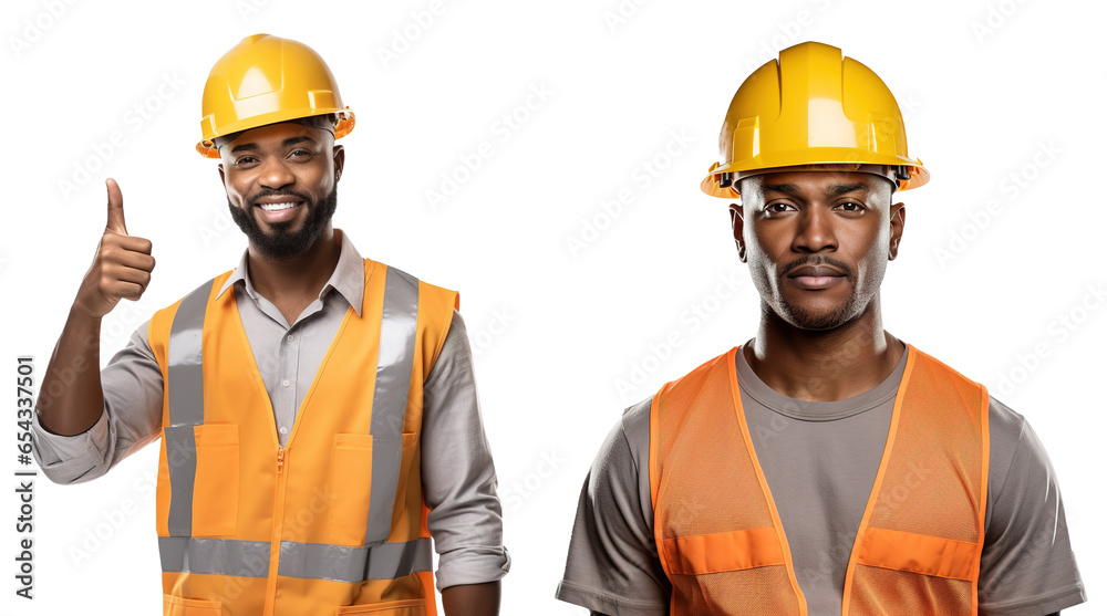 upper body of a male Afro American construction worker wearing a helmet, pointing finger - construction site safety concept upper body of a male Afro American construction worker wearing a helmet, pointing finger - construction site safety concept