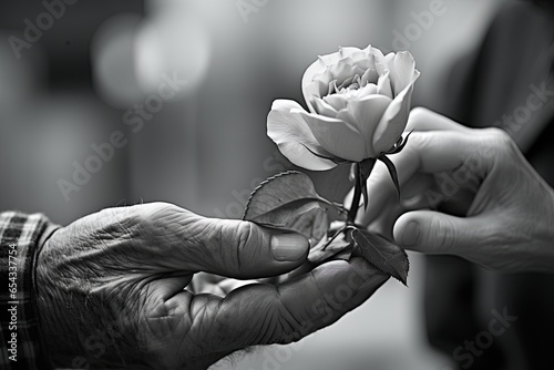 Elderly man giving rose to his wife. Closeup of hands and flower. Generative Ai