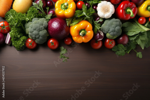 Seasonings  vegetables  fruits and foods on dark background. view from above. Generative AI