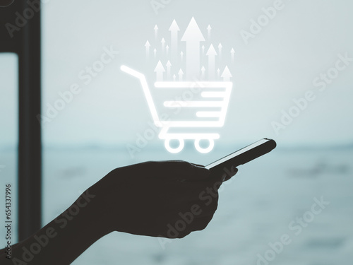 Shopping cart with up arrow, increasing economy in trading Strategies for increasing income Higher commodity prices or inflation