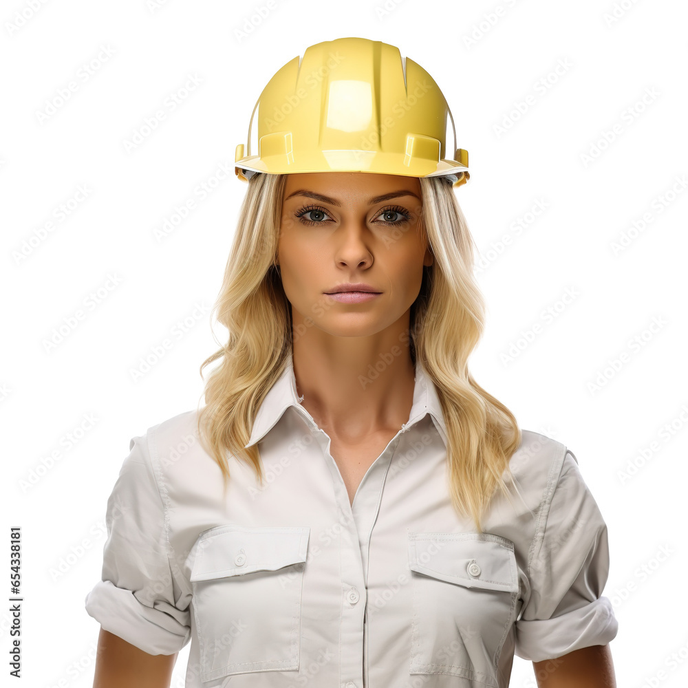 upper body of a female Caucasian construction worker wearing a helmet - construction site safety concept upper body of a female Caucasian construction worker wearing a helmet - construction site safety concept