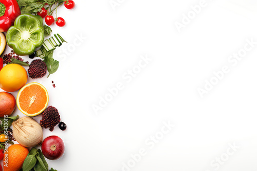 Seasonings  vegetables  fruits and foods on light background. view from above. Generative AI