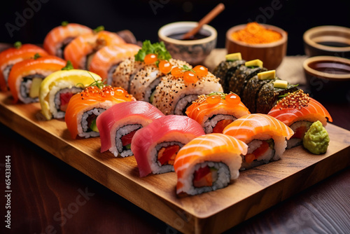 a tray of various types sushi on a table