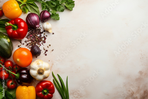 Seasonings, vegetables, fruits and foods on light background. view from above. Generative AI