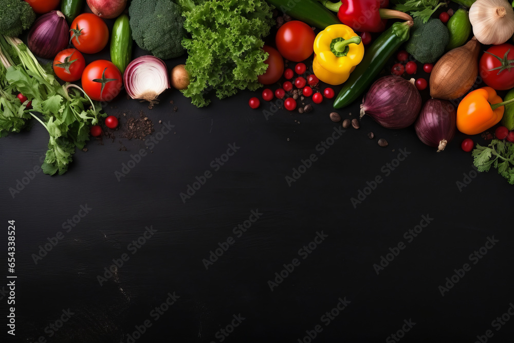 Seasonings, vegetables, fruits and foods on dark background. view from above. Generative AI Seasonings, vegetables, fruits and foods on dark background. view from above. Generative AI