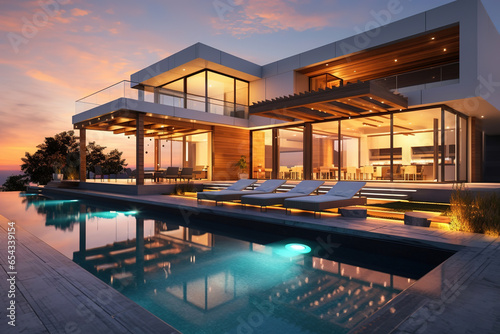 Exterior of modern minimalist cubic villa with swimming pool at sunset. photo