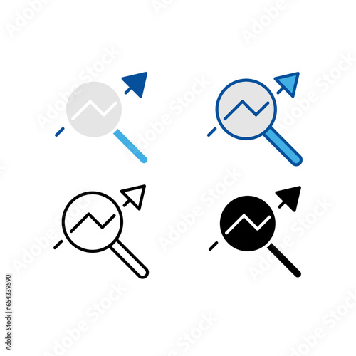 Magnifying glass with arrow up, loop with arrow in increase graph for analysis business goal target. Growth marketing search icon. Business plan. Vector illustration. Design