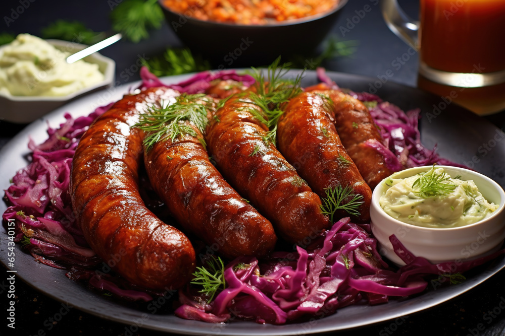 super delicious plated dish of steaming merguez sausages, with sliced cabbage and pickles on the side, served in a plate, barbecue style - obrazy, fototapety, plakaty 