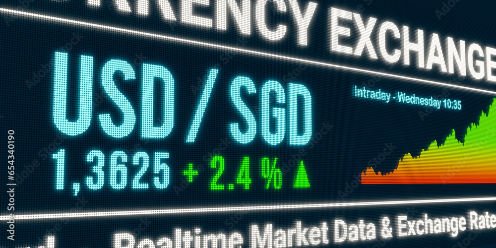 USD - SGD currency exchange rate up. US dollar rises against Singapore dollar. Currency trading, business, economy, loss. 3D illustration