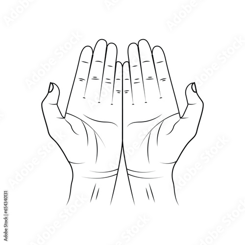 Gesture of the hands folded in prayer graphic icon. Hands cupped together sign in the circle isolated symbol on white background. Vector illustration EPS 10.
