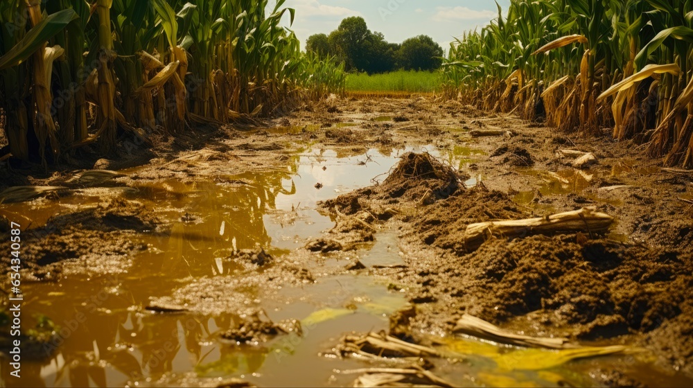 Losses due to Flood in Corn Field Damaged Plants with Moldy Ears and