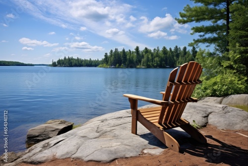 Tranquil Adirondack Chair at Lake Shore for Relaxation and Idyllic Vacation - Adirondack Chair Rocking on Shoreline