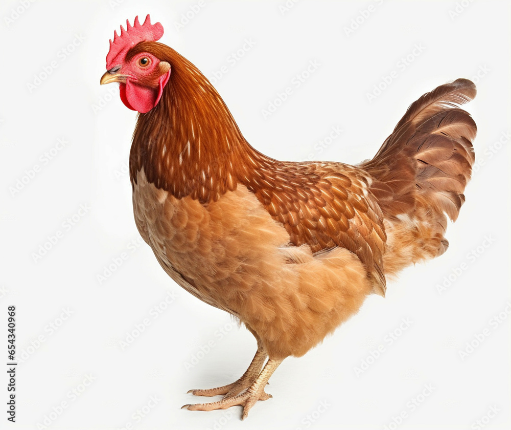 Brown hen chicken isolated on white background.