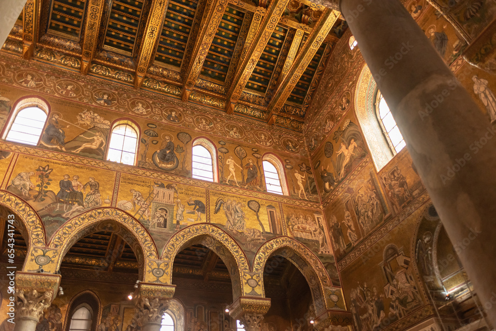 The Gold Mosaic Decoration Inside The Cathedral Of Monreale, In The South Of Italy