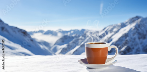 A mug with coffee on a table on a mountain pass against the backdrop of snowy descent from the mountain