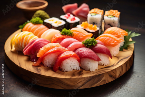 a tray of various types sushi and rolls on a table