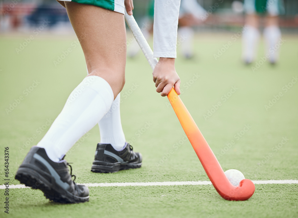Fototapeta premium Woman athlete, hockey and field for game goal training or running, workout on grass turf. Professional sports person, fitness competition or strong cardio health, challenge in physical performance