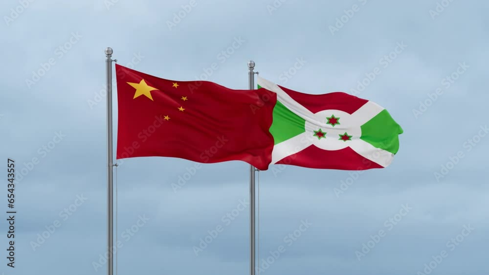 Burundi flag and China flag waving together on cloudy sky, endless seamless loop, two country relations concept Burundi flag and China flag waving together on cloudy sky, endless seamless loop, two country relations concept