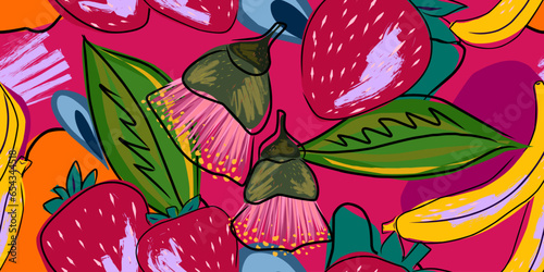 Stylized tropical fruits and plants in flat style. Vector seamless, overlapping, repeating pattern..