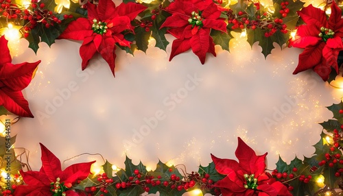 Christmas background with large copy space in the center surrounded by poinsettias and Christmas lights. image created by generative AI