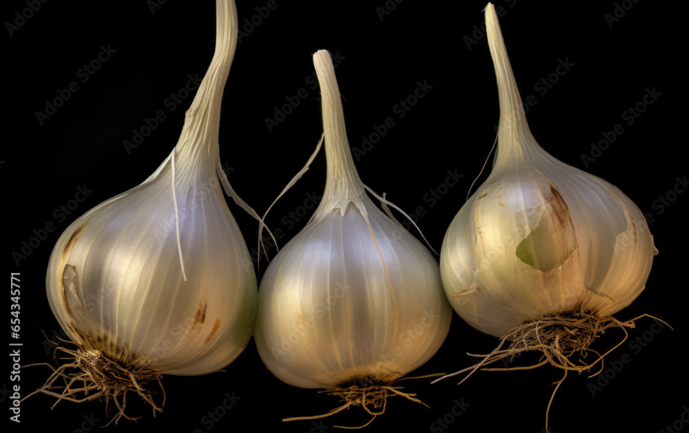 Garlic bulbs rest on a black background. Garlic heads with papery skins. Robust garlic bulbs and rooted texture.