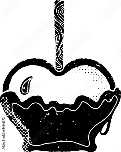 Apple on a wooden stick in caramel. Graphics, linocut. Vector texture black element.