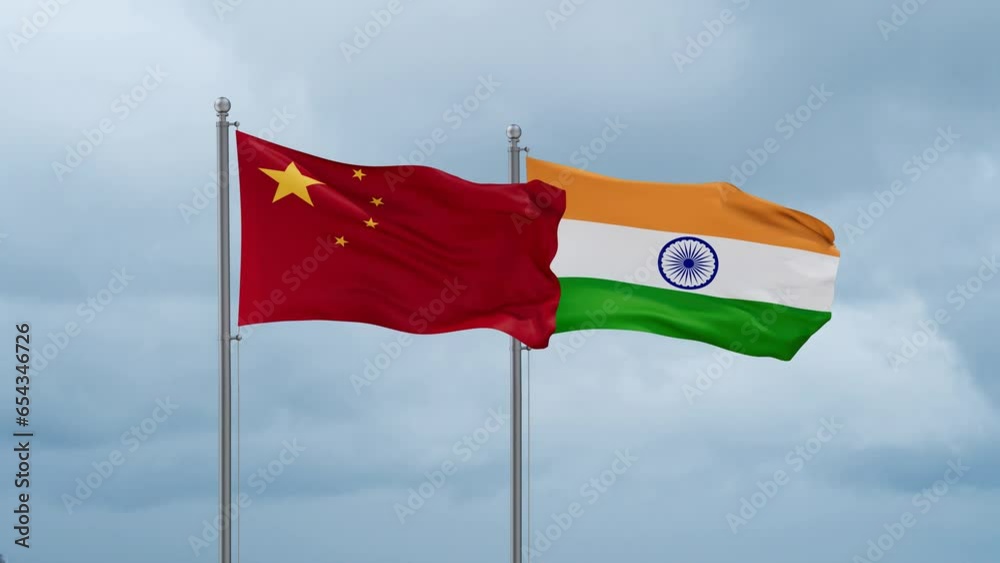India flag and China flag waving together on cloudy sky, endless seamless loop, two country relations concept India flag and China flag waving together on cloudy sky, endless seamless loop, two country relations concept