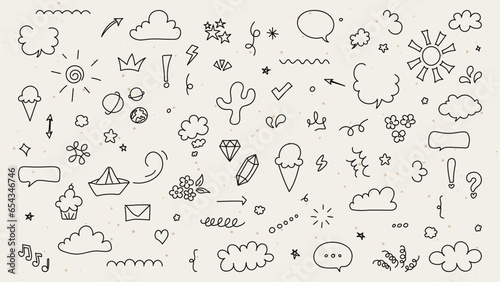 Cute simple hand drawn elements set. Pen line doodles heart, arrows, scribble, cloud, speech bubble, star, shapes. Good for print, cartoon, card, decoration, sticker.