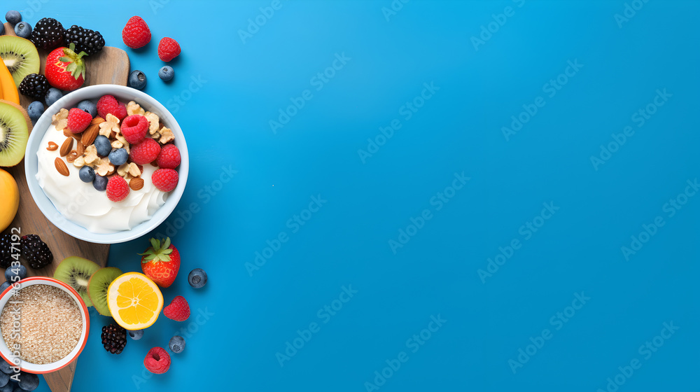 Top view of a healthy breakfast spread on a vibrant blue background. Plenty of space for text or design, ideal for promoting nutritious morning meals or for recipe ideas