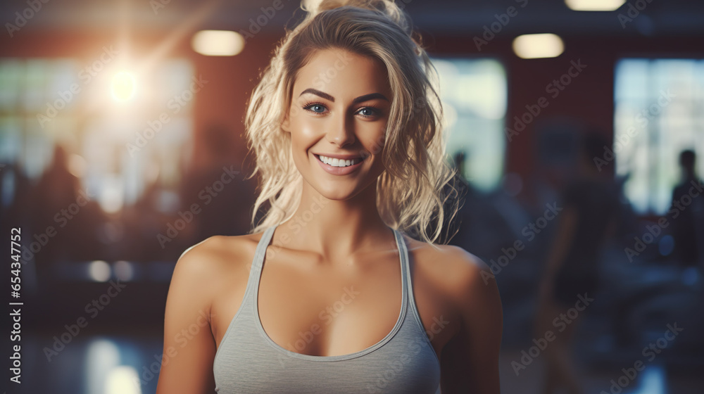 Young smiling woman girl doing sports in gym, workout for health and fitness | Generative AI