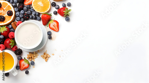 Top view of a healthy breakfast spread on a vibrant white background. Plenty of space for text or design, ideal for promoting nutritious morning meals or for recipe ideas