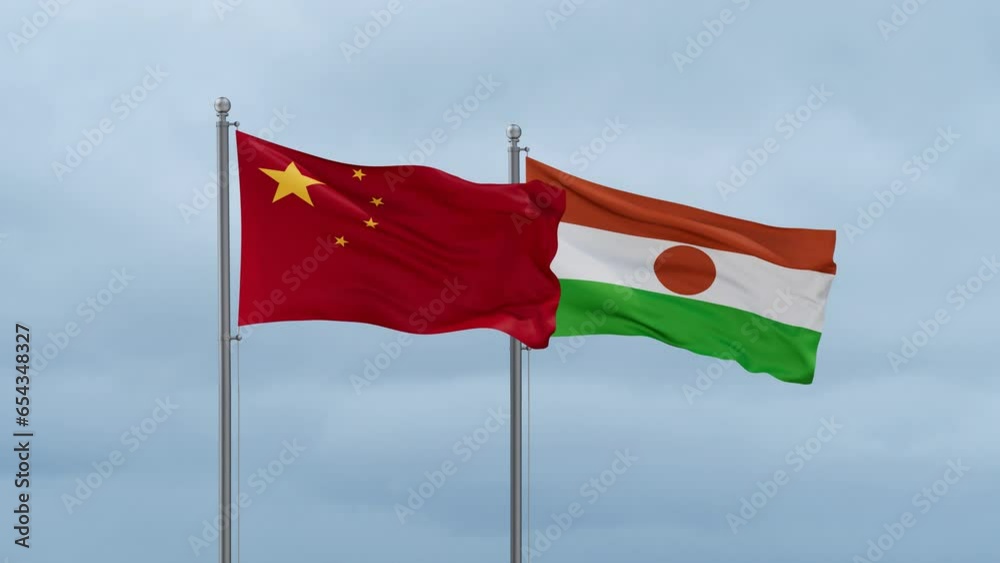 Niger flag and China flag waving together on cloudy sky, endless seamless loop, two country relations concept Niger flag and China flag waving together on cloudy sky, endless seamless loop, two country relations concept