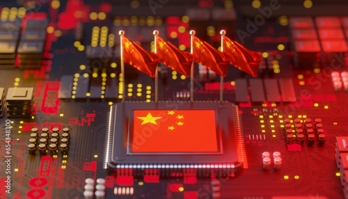 Photography China flag on Chipset for semiconductor industry, 3d rendering