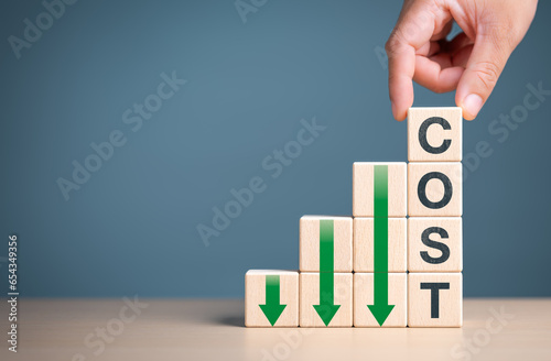 Cost reduction management concept. Lean optimize manufacturing. Decreasing company expense to maximize profits. Hand puts wooden cube with word cost and green down arrows. Company process improvement.