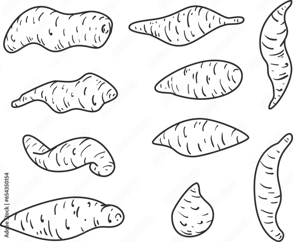 Set hand drawn silhouette sweet potato different form in cartoon flat style. Collection design various element for banner, icon, branding. Cute simple concept art. Health food. Vector illustration. Set hand drawn silhouette sweet potato different form in cartoon flat style. Collection design various element for banner, icon, branding. Cute simple concept art. Health food. Vector illustration.