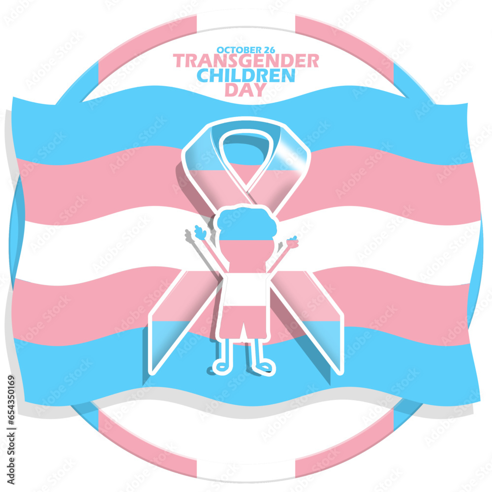 Icon of a happy boy with ribbon and transgender flag with bold text in frame on white background to commemorate National Transgender Children Day on October 26