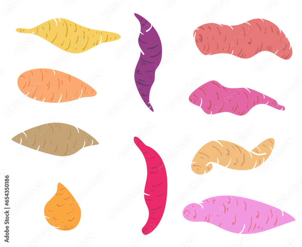 Vector set silhouette sweet potato different form in cartoon flat style. Collection design various element for banner, icon, branding. Cute simple concept art. Health food or farm plant illustration. Vector set silhouette sweet potato different form in cartoon flat style. Collection design various element for banner, icon, branding. Cute simple concept art. Health food or farm plant illustration.