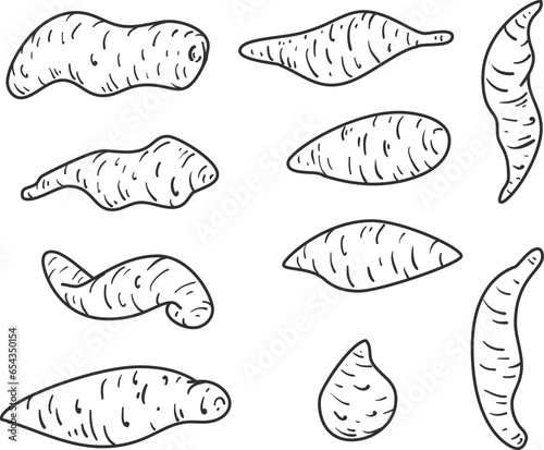 Set hand drawn silhouette sweet potato different form in cartoon flat style. Collection design various element for banner, icon, branding. Cute simple concept art. Health food. Vector illustration.