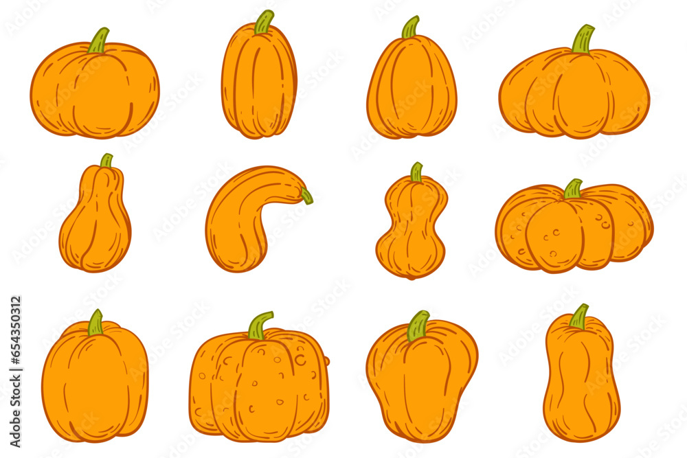Vector set orange pumpkins different form in cartoon flat style. Collection design various element for banner, icon, branding. Cute simple concept art. Health food or farm plant illustration.