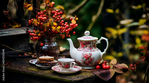 Outdoor Autumn setting - A tea pot sitting on top of a table next to a cup and saucer along with a dish of biscuits