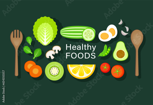 Vector Healthy food collection, fresh vegetables, salad, organic food, natural products, online food ordering, recipes..