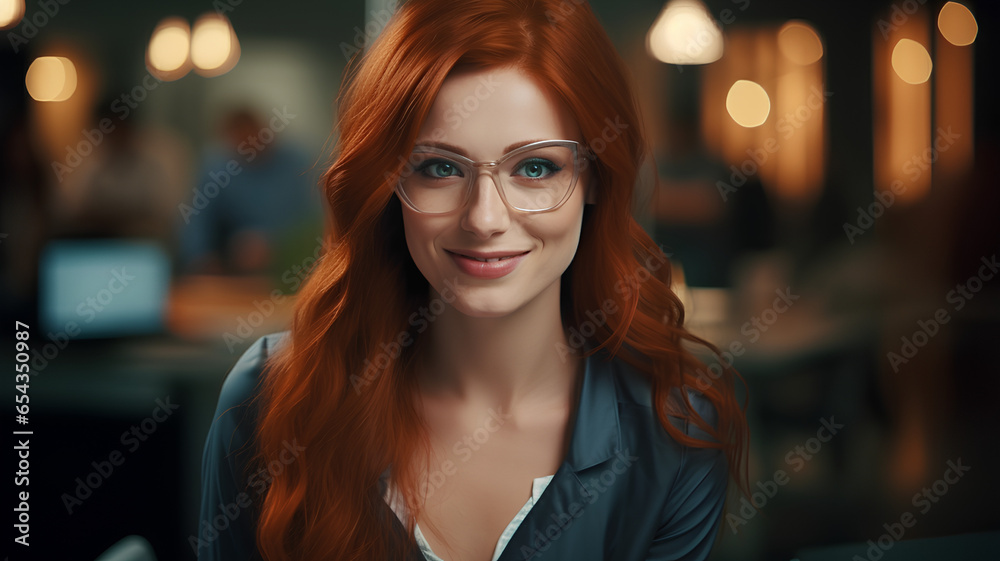 Smiling Redhead Businesswoman in Modern Tech Office