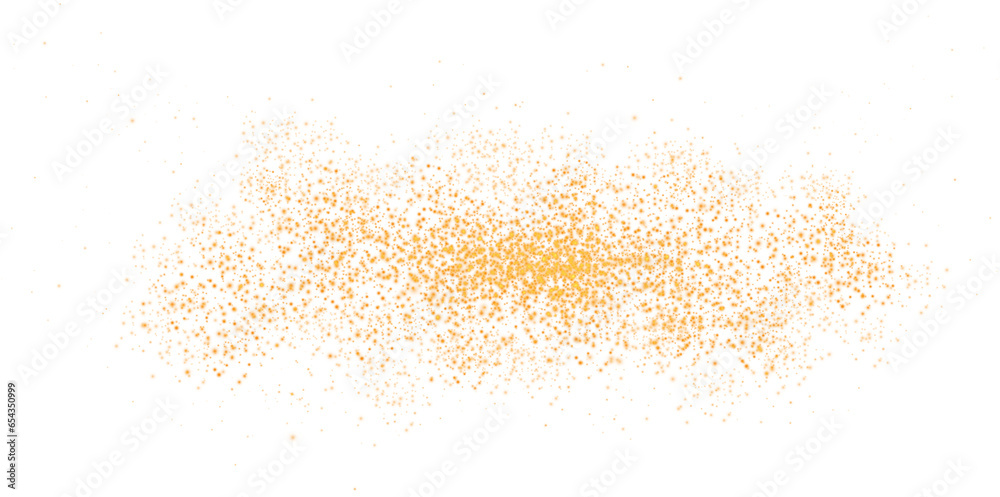 Golden scattering of small particles of sugar crystals, flying salt, top view of baking flour. Golden powder, powdered sugar explosion isolated on transparent background. PNG.