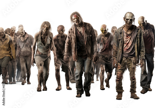 Zombie apocalypse. crowd of zombies with ripped clothes isolated on transparent background, Halloween undead  photo