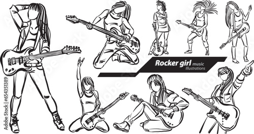 rocker young woman girl music career profession work doodle design drawing vector illustration